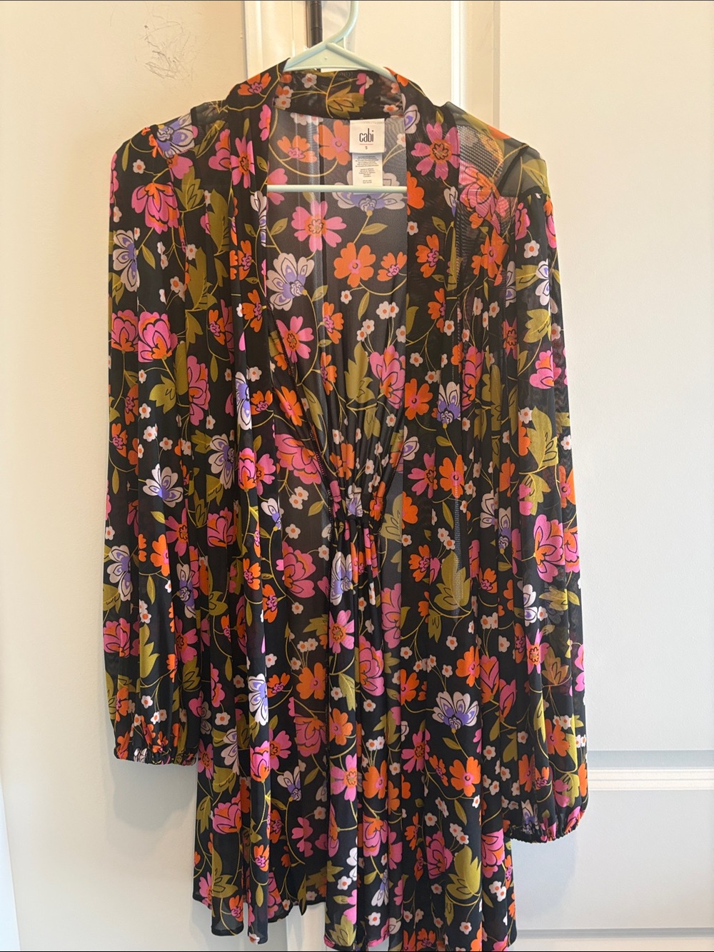 CAbi Black Floral see through Cardigan with Pink, Orange & Olive Flowers